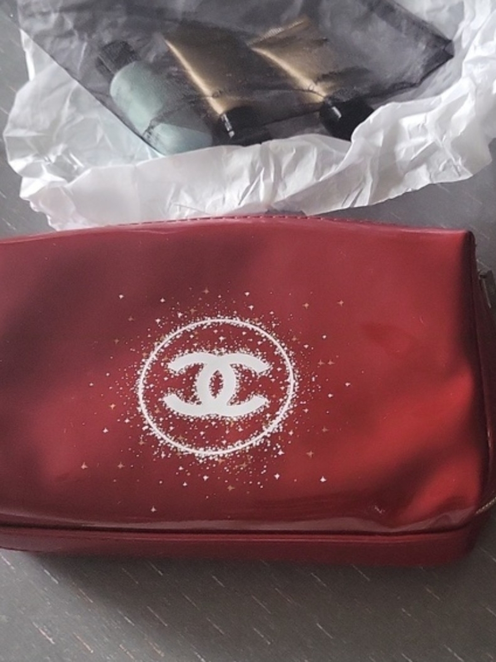 CHANEL Red Cosmetic Pouch with White Logo Circle
